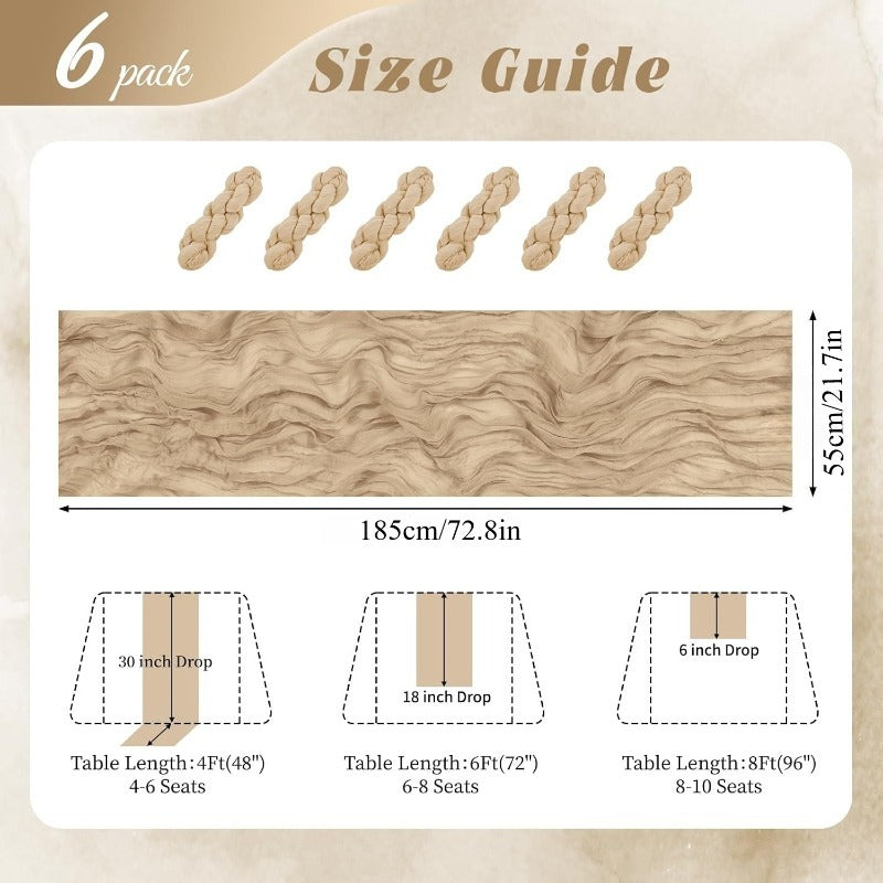 Boho Table Runner Cheesecloth Gauze 6 Pack 21.7x72.8 Inch Semi-Sheer Fabric Wedding Decor Baby Shower Bridal Shower Birthday Farmhouse Rustic Party Table Decoration