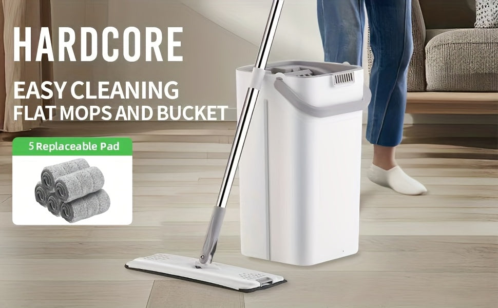 Hands-Free Flat Mop and Bucket Set with 5 Microfiber Pads – Self-Wringing Floor Mop for Hardwood, Tile & Laminate, Bedroom Kitchen Bathroom Living Room Cleaning Kit
