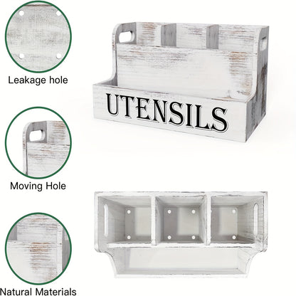 Extra Large Kitchen Utensil Organizer 4 Compartments Wooden Countertop Utensil Holder - Farmhouse Rustic Kitchen Storage for Cooking Utensils Spatulas Spoons - White Black