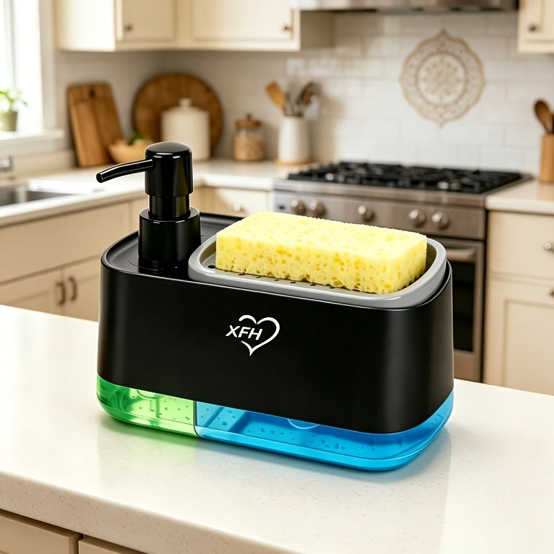 Soap Dispenser with Built-In Sponge Holder, Leak-Proof Battery-Free Pump, Space-Saving Countertop Organizer for Kitchen & Bathroom, Hygienic Hands-Free Design, Durable Rectangular Dispenser
