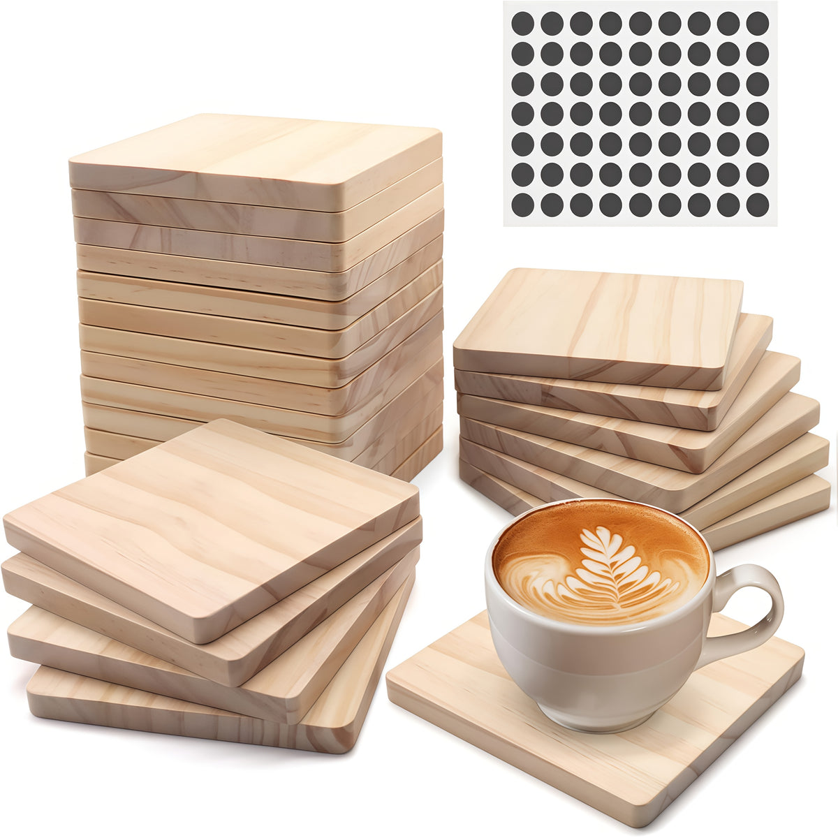 Unfinished Wood Coaster Blanks 4 Inch Round & Square DIY Craft Supplies for Painting Engraving Burning - Wooden Coasters with Non-Slip Felt Dots for Home Decor Christmas Halloween Gifts