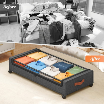Under Bed Storage Bins with Wheels 2 Pack, Rolling Underbed Storage Box with Metal Drawer, Bed Storage Organizer for Clothes Blankets Shoes Books Bedding, Under Bed Storage Containers with Lid