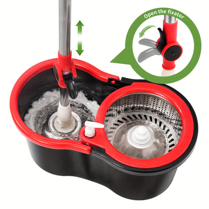 Spin Mop and Bucket with Wringer Set 360 Degree Spinning 3 Microfiber Replacement Heads 61 Inch Stainless Steel Adjustable Handle for Home Floor Cleaning
