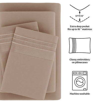 Soft Microfiber Bed Sheet Set 4-Piece 1800 Series 16 Inch Deep Pocket Hotel Luxury Cooling Sheets with Embroidered Pillowcases, Fade & Shrink Resistant, Twin to Cal King, 20 Colors
