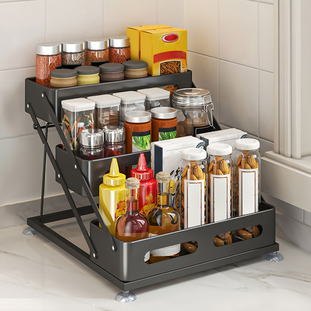Spice Rack Organizer 3 Tier - Foldable Metal Countertop Spice Shelf with Safety Rails, Space-Saving Kitchen Cabinet Storage for Pantry, Sturdy Painted Finish, Black & White Available