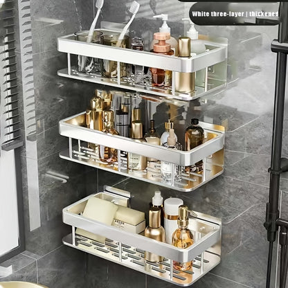 No Drill Wall Mounted Shower Caddy with Adhesive – Space Saving Bathroom Shelf Organizer for Shampoo Lotion Cosmetics, Damage Free Tile Rack in Black or Silver, 1pc or 3pcs Set for Shower Kitchen Bathroom
