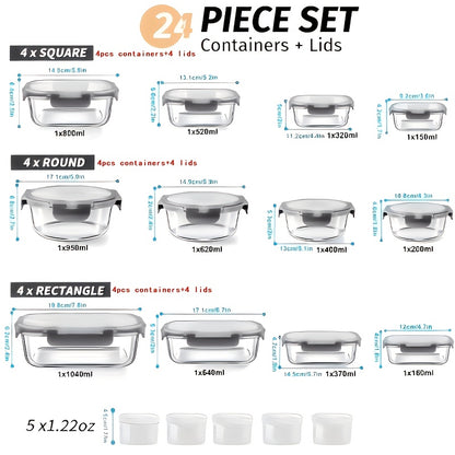24pcs Glass Lunch Bento Boxes with Lids – 12 Containers + 12 Lids, Leak-Proof Meal Prep Food Storage, Microwave Oven Refrigerator Dishwasher Safe, Grey