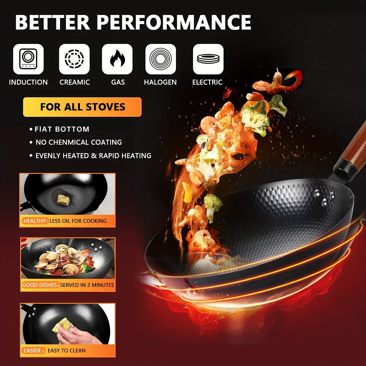 Cast Iron Wok Set 12.6 Inch Nonstick 13-Piece with Lid Spatula & Accessories – All Stove Compatible Gas Electric Induction, Natural Non-Stick No Chemical Coating, Stir Fry Pan for Family Cooking & Camping