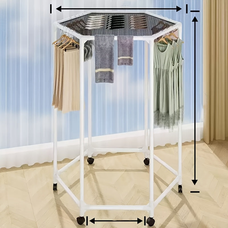 Rotating Clothes Rack Hexagonal – Freestanding 360° Rotary Vertical Clothing Hanging Rack for Laundry Room Bedroom, Space Saving Garment Organizer for Small Apartment, Black or White with Optional Mesh Bag