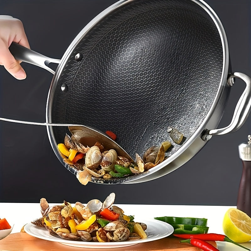 Non-Stick Wok with Lid 13.3 Inch Stainless Steel Honeycomb Coating, Stir Fry Pan with 2 Cookware Accessories, Works on Gas Induction Electric Ceramic Stovetop, Home Kitchen Cooking Pan