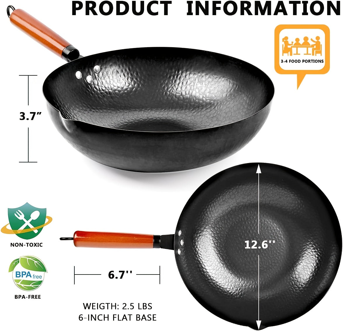 Carbon Steel Wok Set with Lid 12.6 Inch - 14-Piece Non-Stick Stir Fry Pan for All Stoves, Detachable Handle, Honeycomb Surface, Wok Spatula & Kitchen Utensils Included