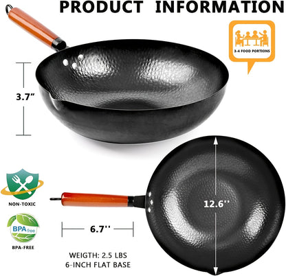 Carbon Steel Wok Set with Lid 12.6 Inch - 14-Piece Non-Stick Stir Fry Pan for All Stoves, Detachable Handle, Honeycomb Surface, Wok Spatula & Kitchen Utensils Included