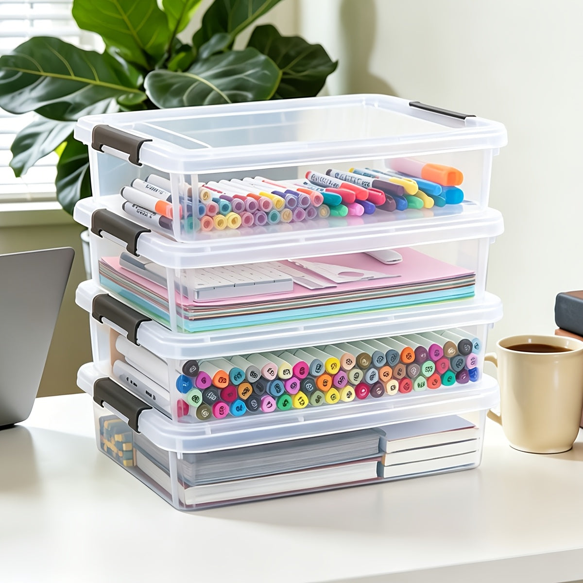 Stackable Storage Boxes with Lids Clear Plastic 5-Pack Waterproof Clip-On Organizer for Craft Supplies Beads Sewing Art Office Home