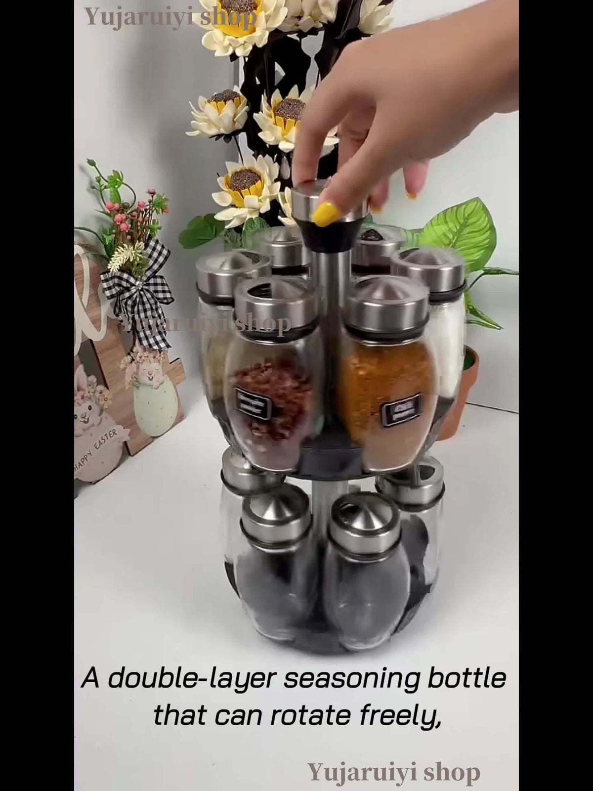Glass Spice Jar Set with Rotating Stainless Steel Rack – 6 or 12 Piece Food Grade Glass Spice Bottles with 360° Spinning Rack for Kitchen Counter & Cabinet, Pantry Organization