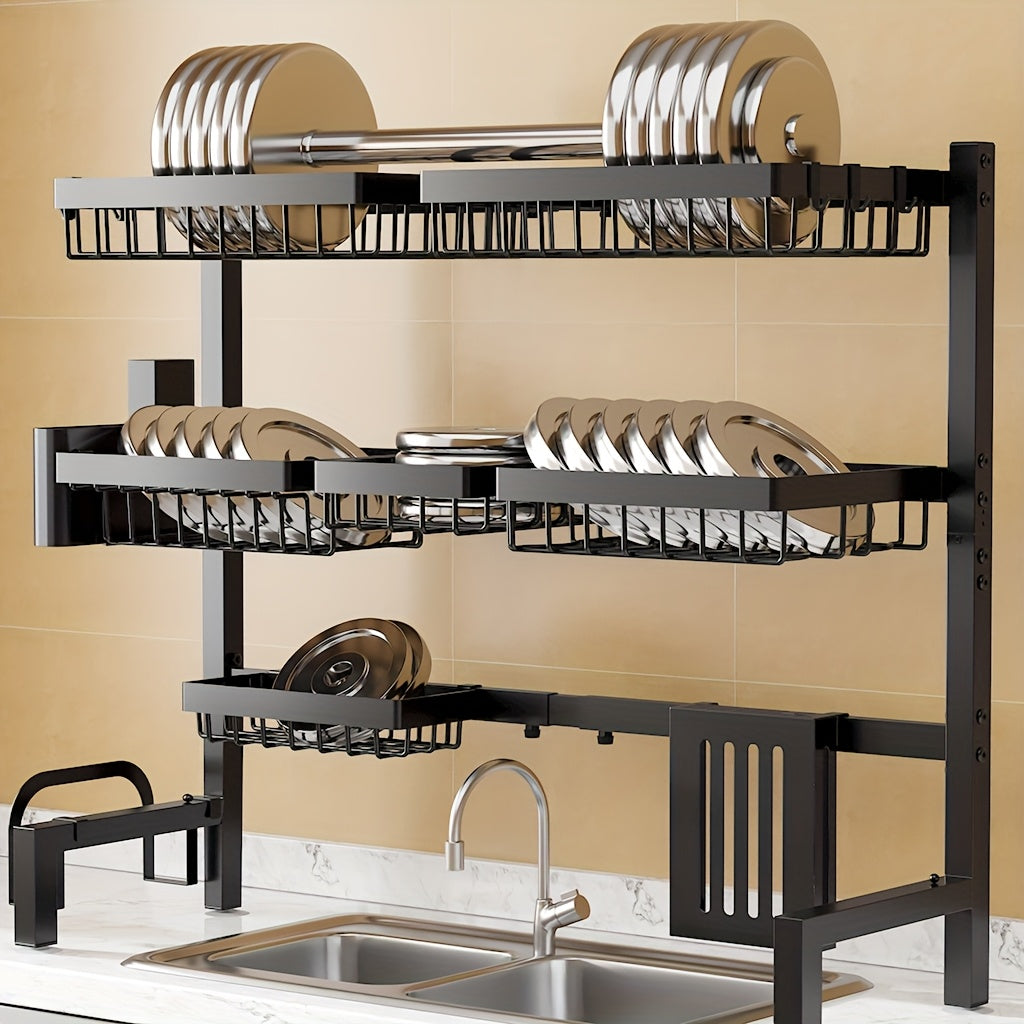 Over Sink Dish Drying Rack 3 Tier Adjustable Expandable - Stainless Steel Kitchen Organizer with Baskets, Utensil Holder, Knife & Cutting Board Holder - Space Saving Dish Drainer for Counter, Black