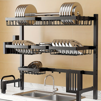Over Sink Dish Drying Rack 3 Tier Adjustable Expandable - Stainless Steel Kitchen Organizer with Baskets, Utensil Holder, Knife & Cutting Board Holder - Space Saving Dish Drainer for Counter, Black
