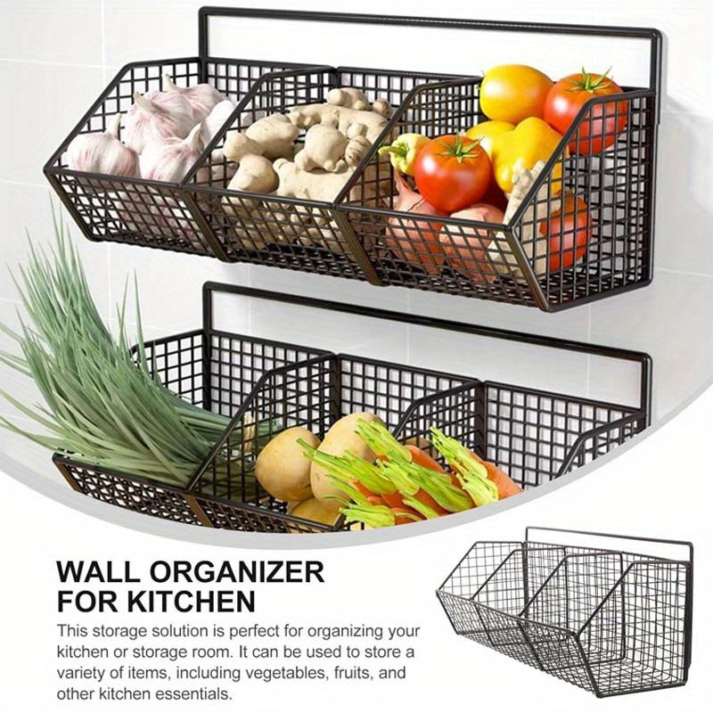 Kitchen Wall Organizer Wire Storage Shelf – No Drill Traceless Wall Rack for Garlic, Onions, Vegetables & Spices, 2 or 3 Grid Space-Saving Compact Kitchen Storage, Black