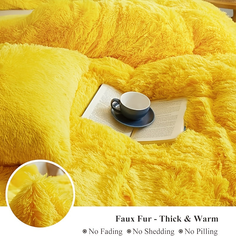Fluffy Duvet Cover Set 4 Piece Queen King, Soft Plush Comforter Cover with 2 Pillow Shams All Season Cozy Bedding Set No Insert, in Purple Red Pink Gray Yellow Blue Beige Black