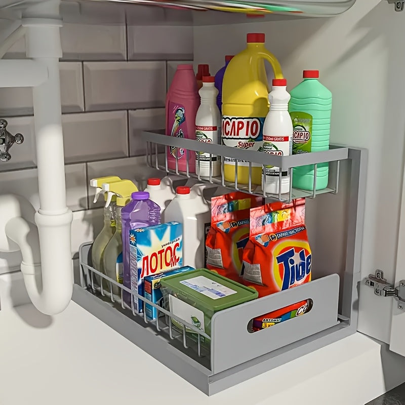 Under Sink Organizer Pull Out 2-Tier – Slide Out Cabinet Shelf for Kitchen & Bathroom, Under Sink Storage with Adjustable Shelves, Black White Grey, 1 or 2 Pack