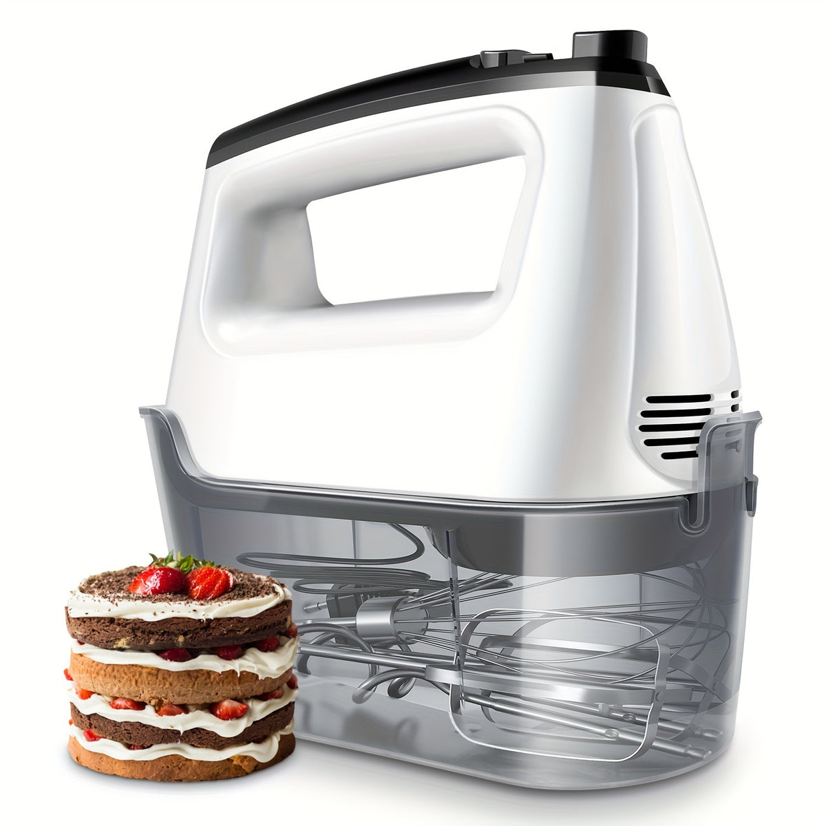 Electric Hand Mixer with Storage Case, 5-Speed Plus Turbo Handheld Mixer, 5 Stainless Steel Attachments – 2 Beaters, 2 Dough Hooks & 1 Whisk, 250W Power, Blue, Black, White & Silver