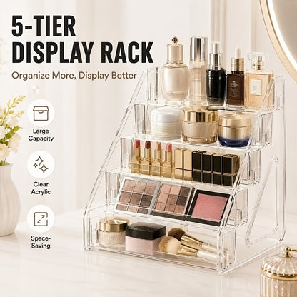 Clear Acrylic Perfume Organizer 5 Tier Transparent – Countertop Vanity Display Shelf for Perfume Bottles Skincare Makeup Cosmetics Lightweight Sturdy Tool-Free Assembly Bathroom Dresser
