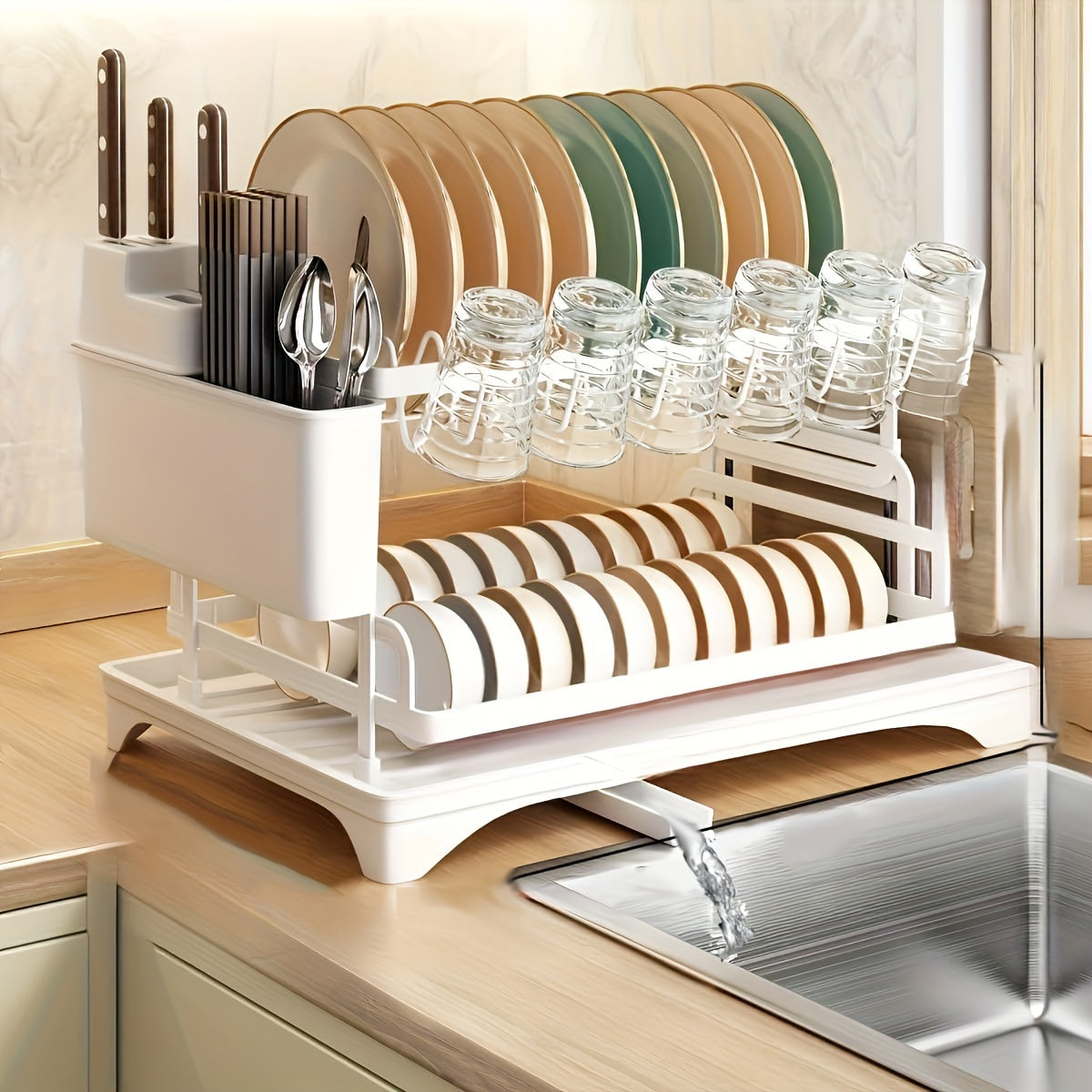 2 Tier Dish Drying Rack with Drainboard – Metal Kitchen Counter Dish Drainer Rack with Drain Tray, Large Capacity Drying Rack for Dishes Cups Utensils, Black White Gray