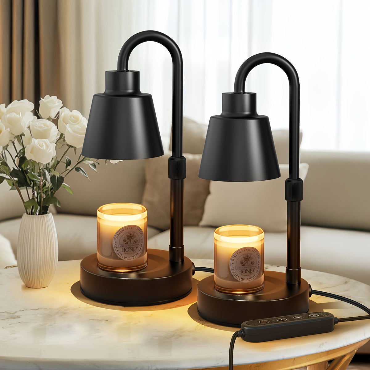 Candle Warmer Lamp 2 Pack Electric Wax Warmer with Timer & Dimmer for Jar Candles – Adjustable Height 10-14in, 4 Brightness Levels, Cozy Home Decor Gift for Bedroom, Living Room & Office – Black