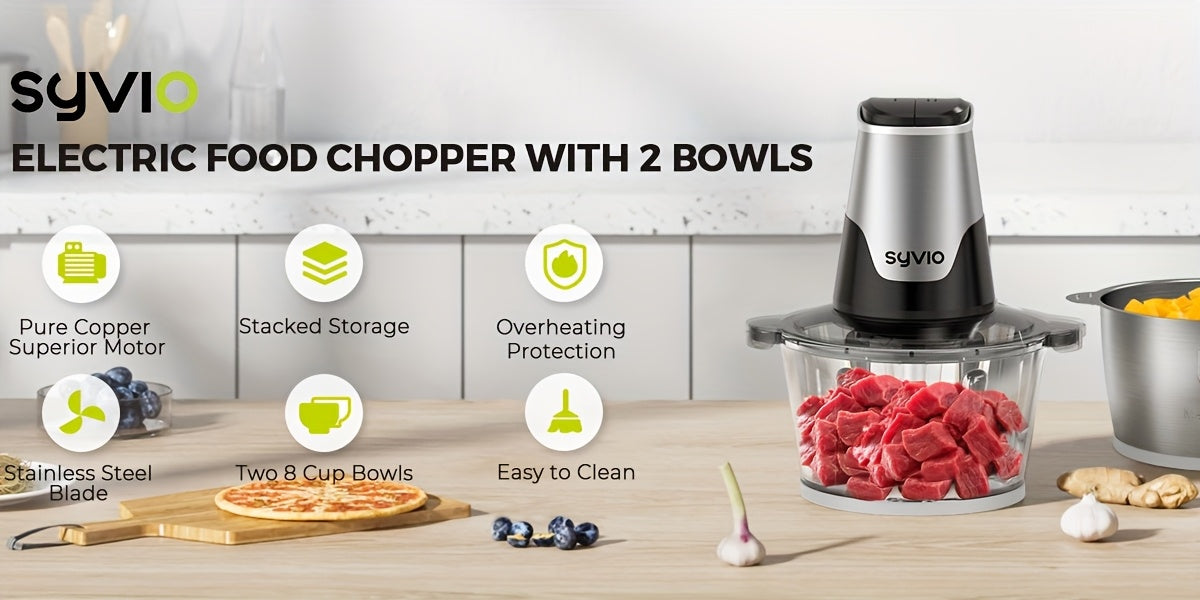 Electric Food Processor 450W with 2 Bowls – Mini Food Chopper & Meat Grinder with 4 Bi-Level Blades, 2-Speed Control, 8-Cup Capacity, for Baby Food, Meat, Onion & Vegetable Chopping