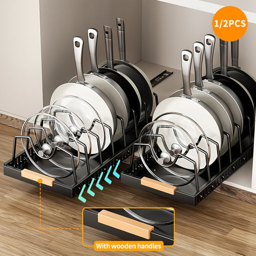 Pull-Out Cabinet Organizer with Adjustable Dividers – Sliding Pot Lid Holder & Pan Rack for Kitchen Cabinets, Drill-Free Install, Space-Saving Under Cabinet Storage for Lids, Pans & Bakeware