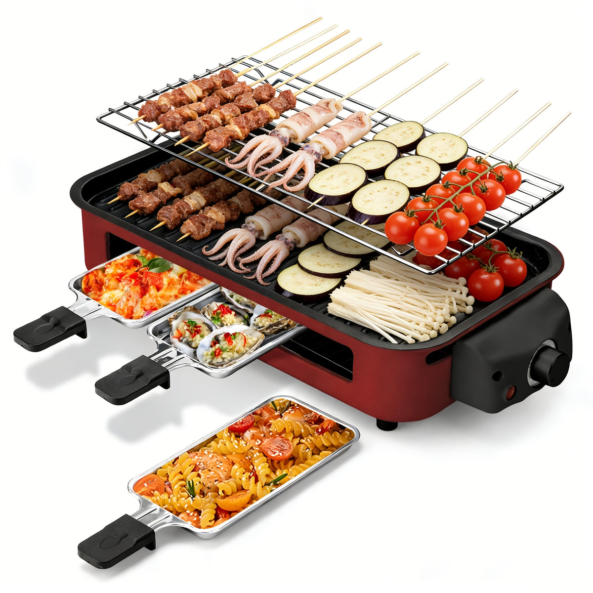 Raclette Grill Set Indoor Electric 1700W Smokeless BBQ with 3 Mini Cheese Pans – Non-Stick Removable Plate 16x9" Dishwasher Safe Stainless Steel Tabletop Grill for Couples Family Party – Black Green Beige Red