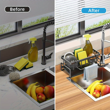 Sink Sponge Holder Kitchen Sink Organizer with Self-Draining Tray – Countertop Storage Rack for Dish Brush, Soap Dispenser & Sponge – Black Kitchen Sink Caddy for Home Organization