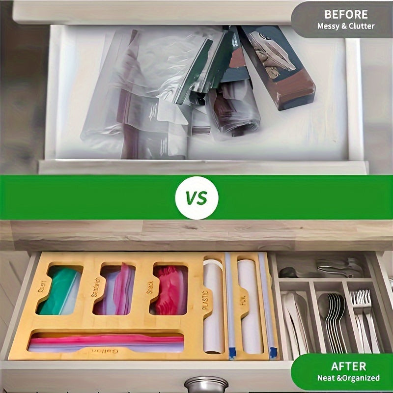 Bamboo Kitchen Drawer Organizer – Zip Bag, Foil & Plastic Wrap Dispenser with Built-In Cutter, Fits Gallon Quart Sandwich Snack Bags, Eco-Friendly Storage