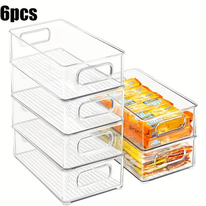 Refrigerator Organizer Bins Set of 6, Clear Fridge Storage Bins for Freezer Kitchen Cabinet Pantry, Stackable Transparent Food Storage Containers with Handles, 10 Inch BPA-Free Fridge Organizer