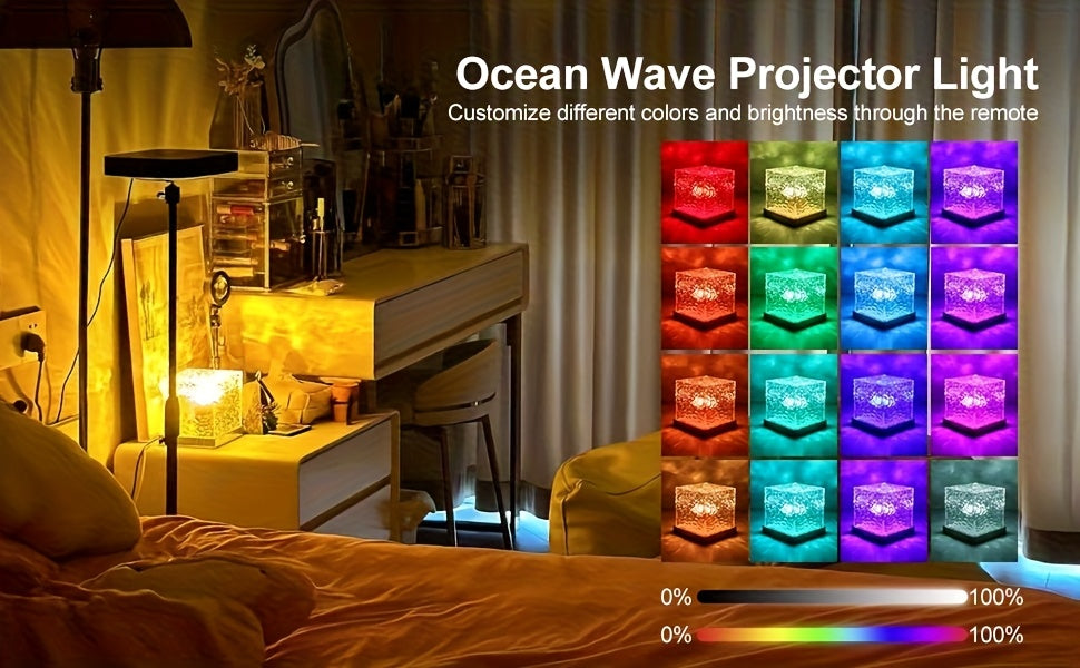 Ocean Wave Projector Light 16 Color – 3D Holographic Water Ripple LED Night Light with Remote Control & Touch Switch, USB Powered Romantic Atmosphere Lamp for Bedroom, Living Room, Meditation & Relaxation