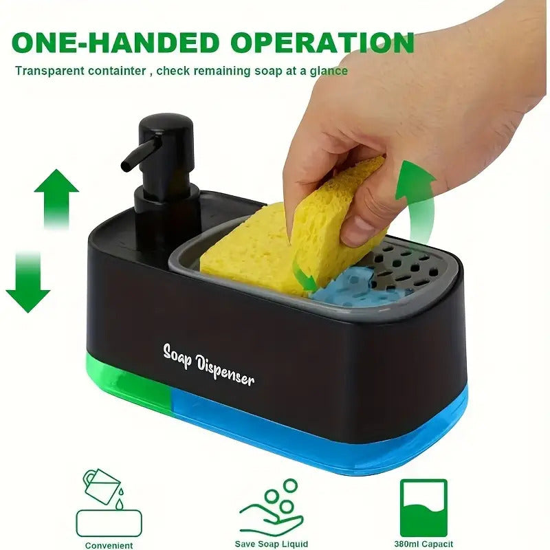 Soap Dispenser with Built-In Sponge Holder, Leak-Proof Battery-Free Pump, Space-Saving Countertop Organizer for Kitchen & Bathroom, Hygienic Hands-Free Design, Durable Rectangular Dispenser