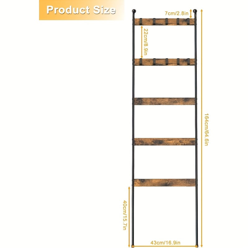 Blanket Ladder 5 Tier Farmhouse Style with 10 Removable Hooks Decorative Wooden Standing Rack for Living Room & Bathroom – Wall Mounted or Freestanding Quilt Towel Throw Storage Holder