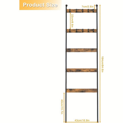 Blanket Ladder 5 Tier Farmhouse Style with 10 Removable Hooks Decorative Wooden Standing Rack for Living Room & Bathroom – Wall Mounted or Freestanding Quilt Towel Throw Storage Holder