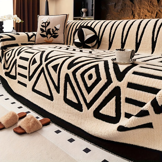 Sofa Cover Couch Protector Bohemian Retro Woven Velvet Throw Blanket – Pet Friendly Slip Resistant Machine Washable Soft Plush Slipcover for Armchair Loveseat 3 4 Seater Sectional Sofa White Grey Dark Gray