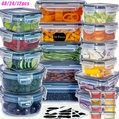 Food Storage Containers with Lids Airtight – Plastic Meal Prep Container Set for Kitchen Pantry Organization, Lunch, Picnic & Travel, BPA-Free, Comes with Labels & Marker (12/24/48 Pcs)