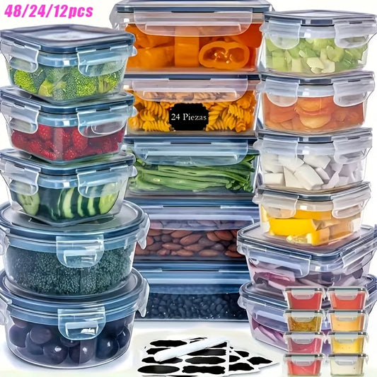 Food Storage Containers with Lids Airtight – Plastic Meal Prep Container Set for Kitchen Pantry Organization, Lunch, Picnic & Travel, BPA-Free, Comes with Labels & Marker (12/24/48 Pcs)