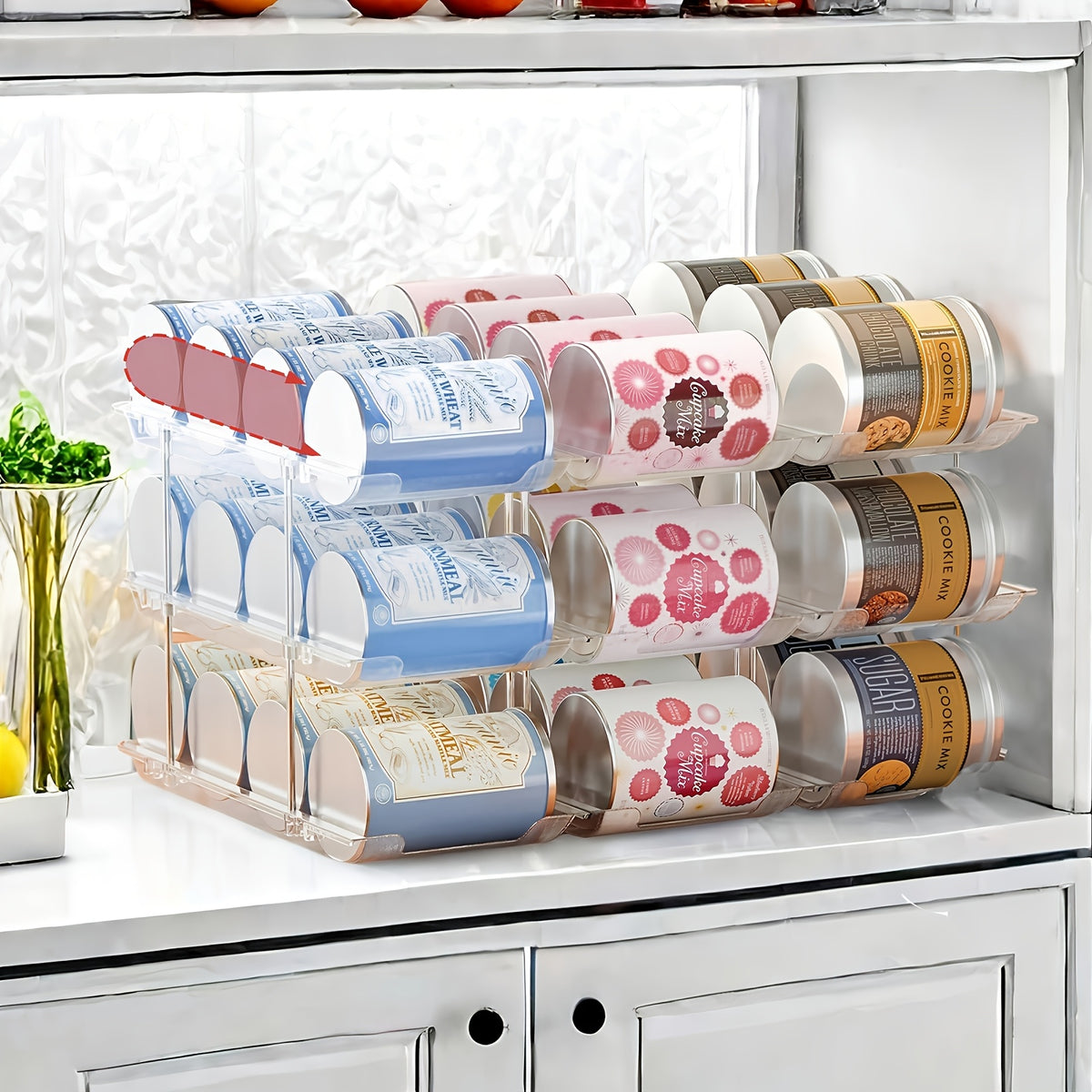 Pantry Can Storage Rack Holds 36 Cans – 3-Tier Auto-Rolling Stackable Can Organizer in Transparent PET for Soda, Soup & Vegetable Cans, Tool-Free Assembly for Kitchen, Pantry, Garage & Dorm