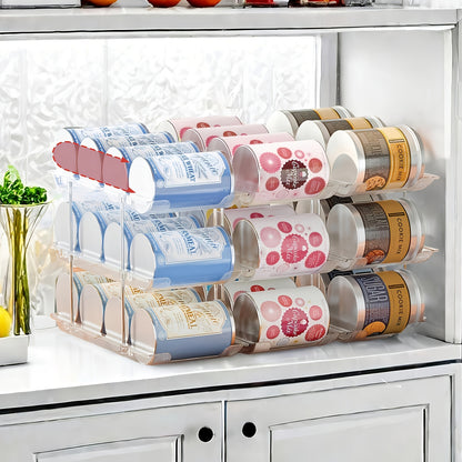 Pantry Can Storage Rack Holds 36 Cans – 3-Tier Auto-Rolling Stackable Can Organizer in Transparent PET for Soda, Soup & Vegetable Cans, Tool-Free Assembly for Kitchen, Pantry, Garage & Dorm
