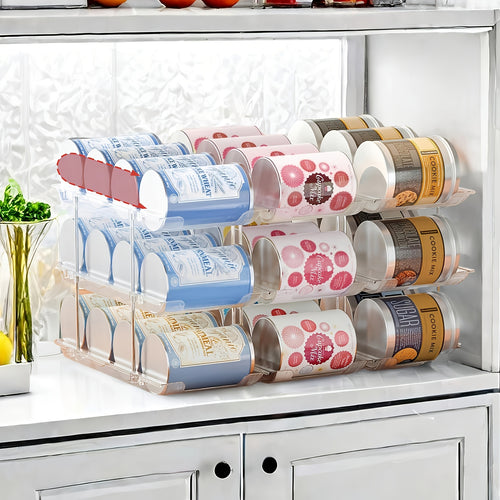 Pantry Can Storage Rack Holds 36 Cans – 3-Tier Auto-Rolling Stackable Can Organizer in Transparent PET for Soda, Soup & Vegetable Cans, Tool-Free Assembly for Kitchen, Pantry, Garage & Dorm