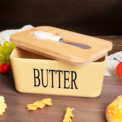Ceramic Butter Dish with Lid and Knife - Large Capacity Countertop Butter Keeper Airtight Seal Easy Clean, 12 Colors Yellow Blue Grey Pink Black Orange, Kitchen Gift