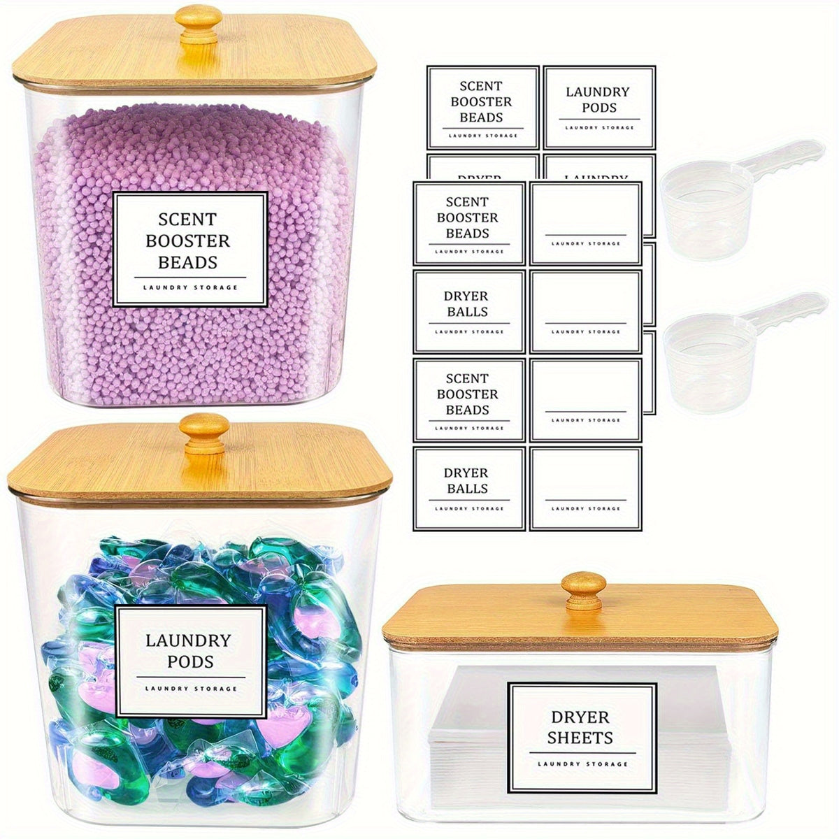 Laundry Pods Container Set with Bamboo Lid, Dryer Sheet Holder & Labels – Clear Laundry Room Organization Canisters for Scent Booster, Powder & Detergent Pods, 2/3/4-Pack