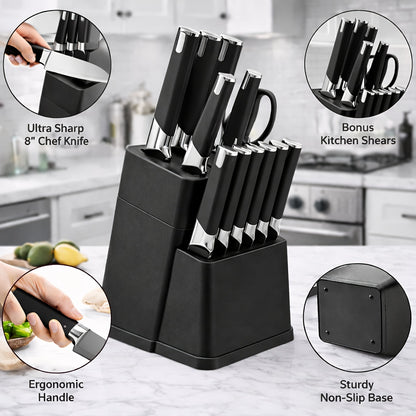 13-Piece Kitchen Knife Set with Block Holder - Chef Knife, Bread Knife, 6 Steak Knives & Scissors - Sharp Stainless Steel Blades, Durable Ergonomic Handle, Perfect Housewarming Gift for Home Kitchen