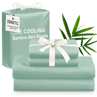 Bamboo Cooling Bed Sheets 4 Piece Set – Extra Deep Pocket Fitted Sheet, Flat Sheet & Pillowcases for Hot Sleepers | Breathable Soft Bedding | Twin Full Queen King | 12 Colors