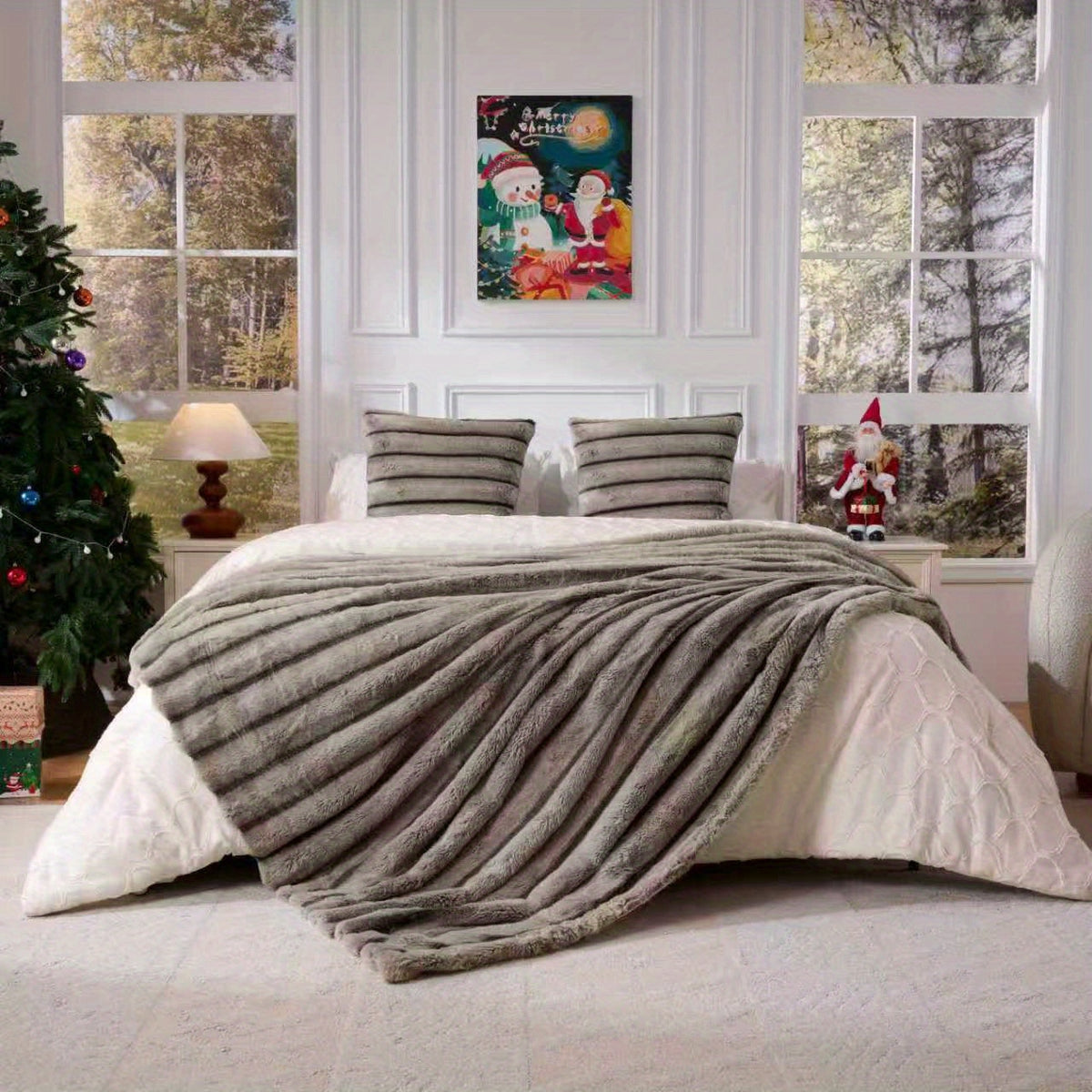 Faux Rabbit Fleece Blanket, Double Layer Thickened Soft Warm Throw – All Season Reversible Blanket for Adults, Couch, Bed & Travel, Machine Washable, Throw / Twin XL / Queen / King, Grey Khaki Beige