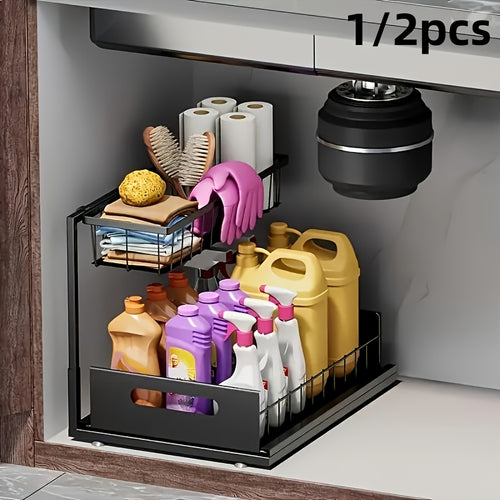 Under Sink Organizer Pull Out 2-Tier Slide Out Cabinet Shelf Storage Rack for Kitchen & Bathroom - Space Saving Sliding Shelf, Black White Grey, 1 or 2 Pack