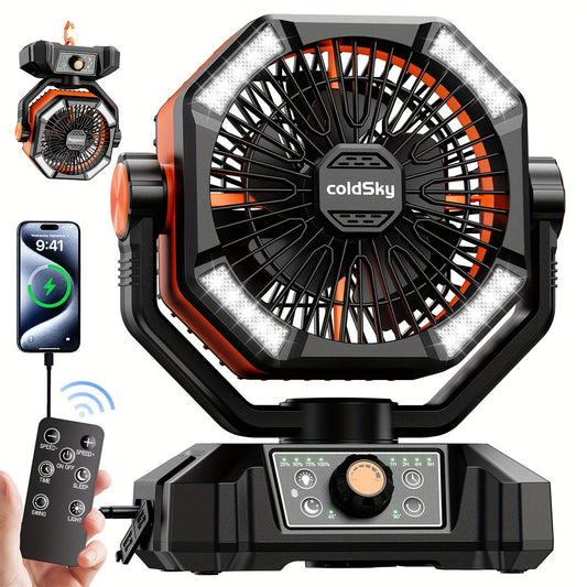 Portable Camping Fan 20000mAh Battery Powered – Dual Motor 8-Speed with Remote Control 4 LED Lanterns & Hook for Tent Bedroom Travel Power Outage & Construction Site